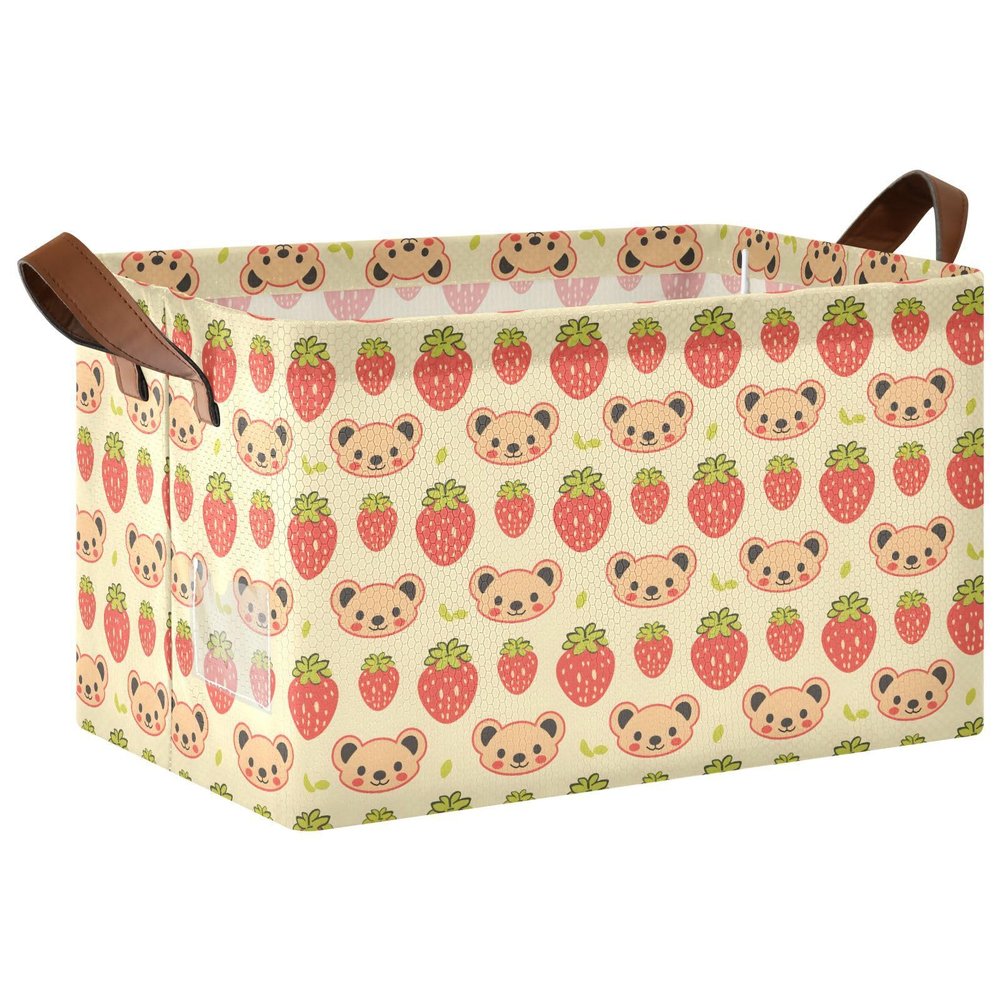ALAZA Bear with Strawberry Cartoon Rectangular Closet Storage Box Storage Bin Basket Storage Cube with Leather Handles Nursery Storage Laundry Hamper 2 Piece