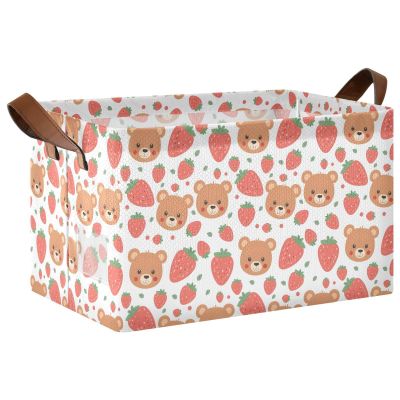 ALAZA Cute Bear Strawberry Fruit Rectangular Closet Storage Box Storage Bin Basket Storage Cube with Leather Handles Nursery Storage Laundry Hamper 2 Piece