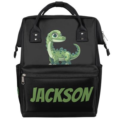 Foerrkelg Custom Cute Green Dinosaur Baby Black Diaper-Bags Backpack for Mom Mother,Personalized Name Maternity Nappy Bag with Stroller Strap,Waterproof for Travel,11*7*15.7