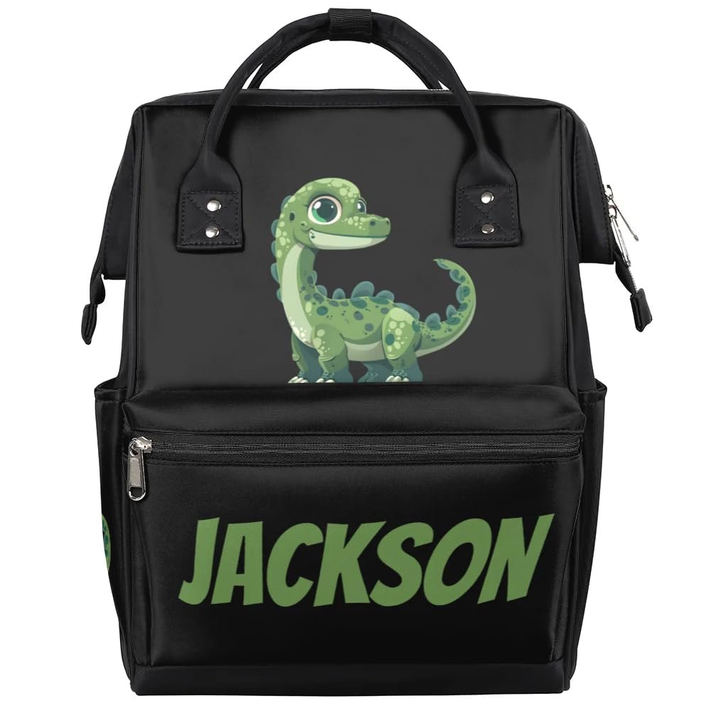 Foerrkelg Custom Cute Green Dinosaur Baby Black Diaper-Bags Backpack for Mom Mother,Personalized Name Maternity Nappy Bag with Stroller Strap,Waterproof for Travel,11*7*15.7