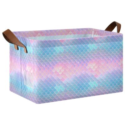ALAZA Fish Scale Mermaid Funny Rectangular Closet Storage Box Storage Bin Basket Storage Cube with Leather Handles Nursery Storage Laundry Hamper 2 Piece