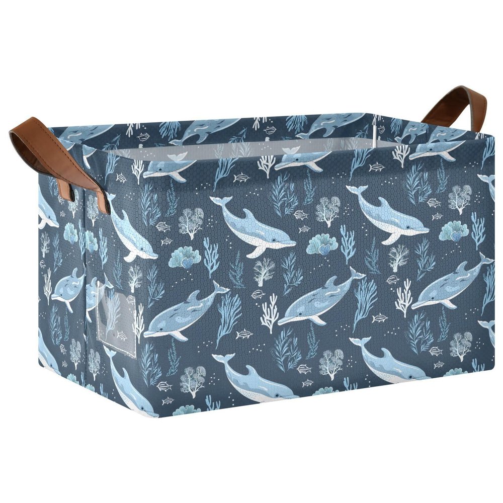 ALAZA Dolphin Coral Reef Blue Stylish Rectangular Closet Storage Box Storage Bin Basket Storage Cube with Leather Handles Nursery Storage Laundry Hamper 2 Piece