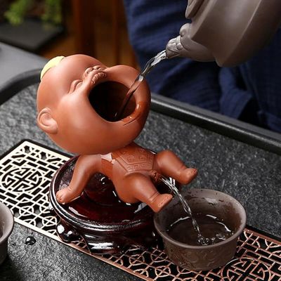 EatingBiting 4.7" Zisha Tea Pet Cute Funny Baby Open Mouth Statue Purple Clay Chinese Kungfu Tea Ceremony Decor Handmade Couple Tea pet Purple Sand can Raise Tea to Play Tea Set Ornaments