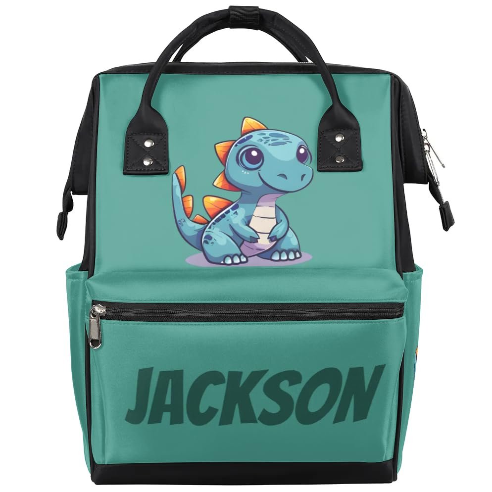Foerrkelg Custom Cute Dinosaur Baby Green Diaper-Bags Backpack for Mom Mother,Personalized Name Maternity Nappy Bag with Stroller Strap,Waterproof for Travel,11*7*15.7