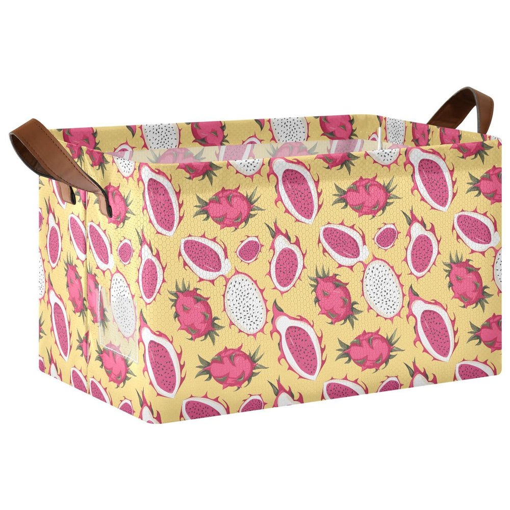 ALAZA Dragon Fruit Yellow Rectangular Closet Storage Box Storage Bin Basket Storage Cube with Leather Handles Nursery Storage Laundry Hamper 2 Piece