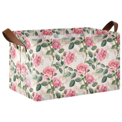 ALAZA Rose Flower Vintage Floral Rectangular Closet Storage Box Storage Bin Basket Storage Cube with Leather Handles Nursery Storage Laundry Hamper 2 Piece