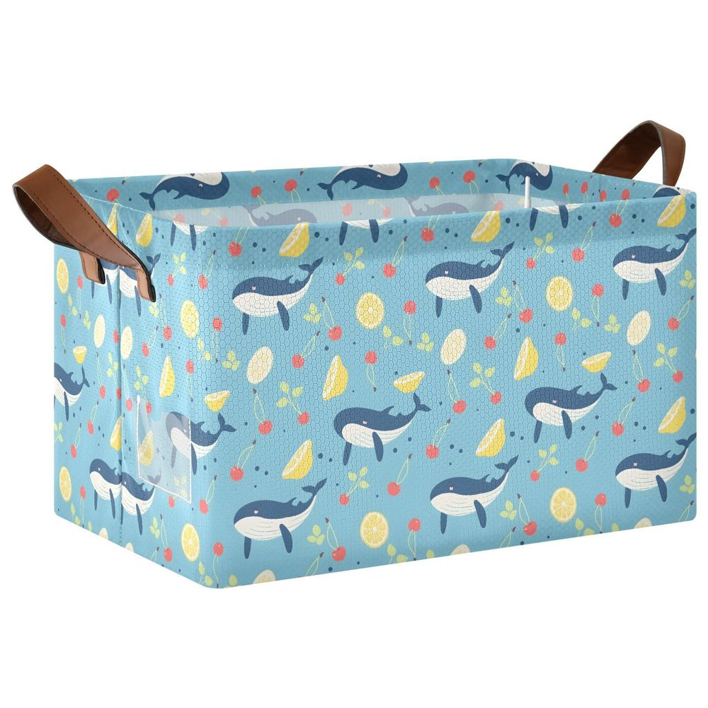 ALAZA Cartoon Whale Lemon Rectangular Closet Storage Box Storage Bin Basket Storage Cube with Leather Handles Nursery Storage Laundry Hamper 2 Piece