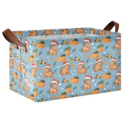 ALAZA Capybaras Orange Christmas Rectangular Closet Storage Box Storage Bin Basket Storage Cube with Leather Handles Nursery Storage Laundry Hamper 2 Piece