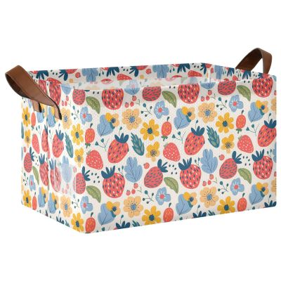 ALAZA Cartoon Flower Strawberry Floral Rectangular Closet Storage Box Storage Bin Basket Storage Cube with Leather Handles Nursery Storage Laundry Hamper 2 Piece