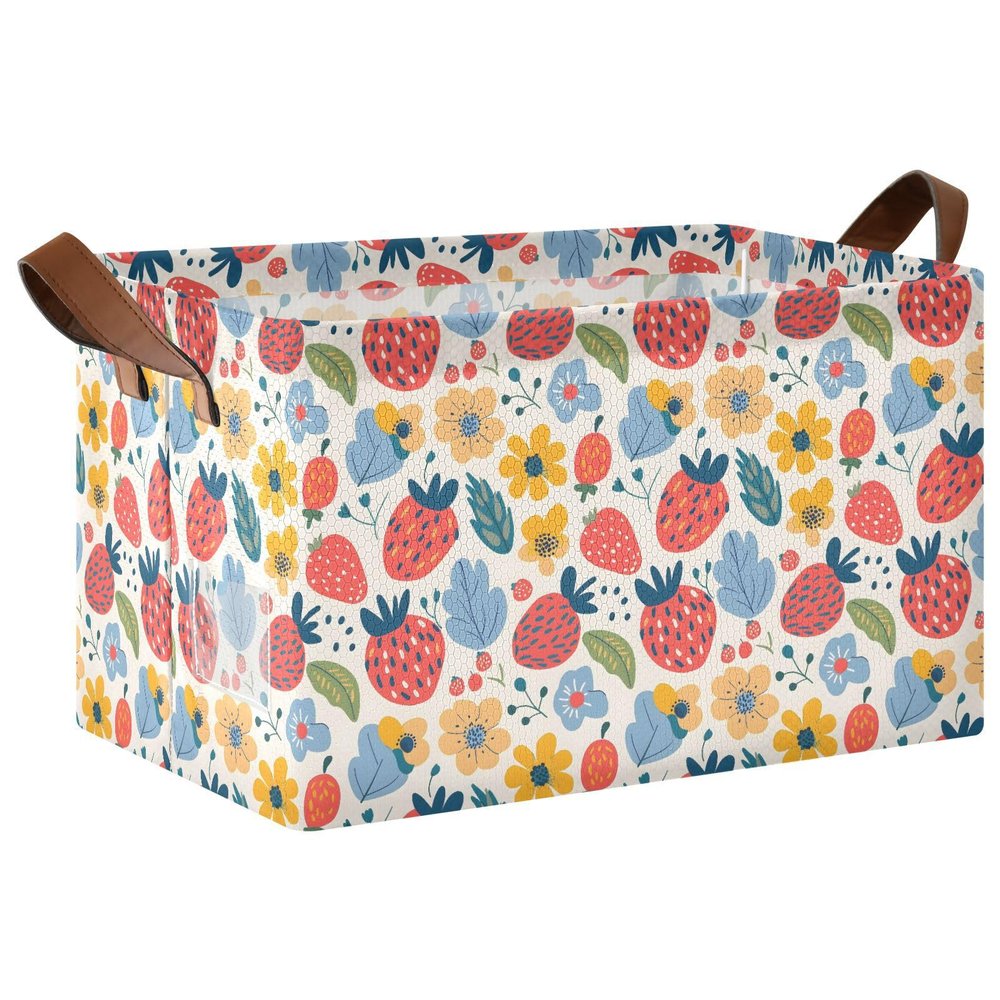 ALAZA Cartoon Flower Strawberry Floral Rectangular Closet Storage Box Storage Bin Basket Storage Cube with Leather Handles Nursery Storage Laundry Hamper 2 Piece