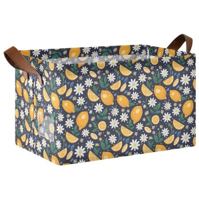 ALAZA Lemon Daisy Lemon Blue Leaves Rectangular Closet Storage Box Storage Bin Basket Storage Cube with Leather Handles Nursery Storage Laundry Hamper 2 Piece