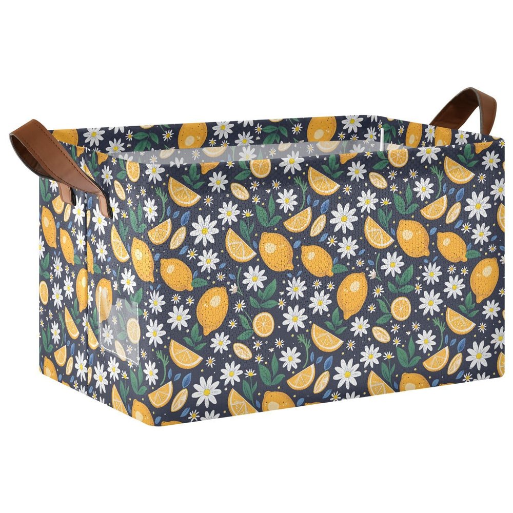 ALAZA Lemon Daisy Lemon Blue Leaves Rectangular Closet Storage Box Storage Bin Basket Storage Cube with Leather Handles Nursery Storage Laundry Hamper 2 Piece