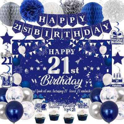 21st Birthday Decorations for Boys Girls, Blue Silver Happy 21st Birthday Party Decorations, 21 Backdrop, Banner, Balloons, Hanging Swirls, Bday Cards, Cake Toppers, Pompoms 54pcs
