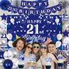 21st Birthday Decorations for Boys Girls, Blue Silver Happy 21st Birthday Party Decorations, 21 Backdrop, Banner, Balloons, Hanging Swirls, Bday Cards, Cake Toppers, Pompoms 54pcs view 2