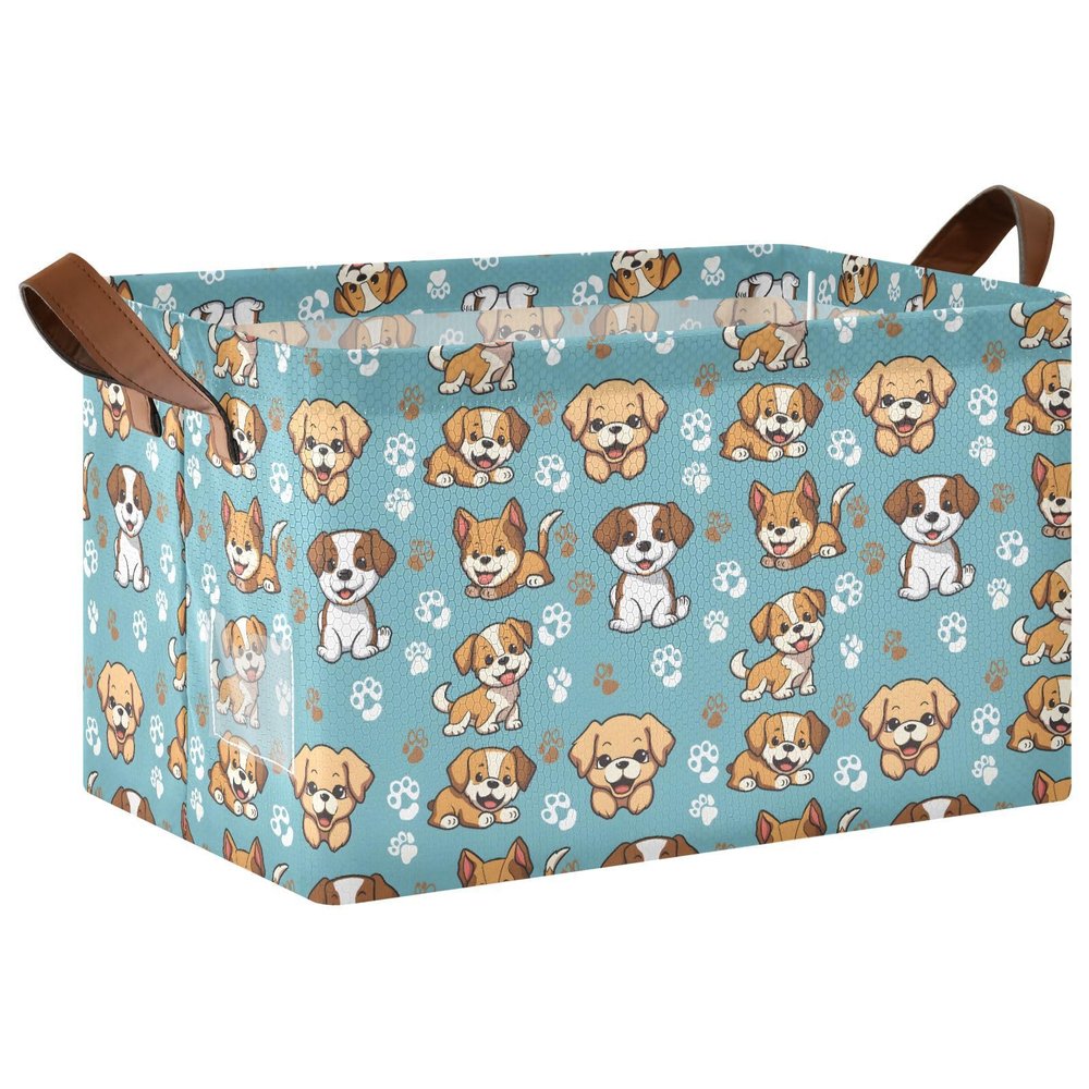 ALAZA Cartoon Puppy Dog Paw Print Blue Rectangular Closet Storage Box Storage Bin Basket Storage Cube with Leather Handles Nursery Storage Laundry Hamper 2 Piece