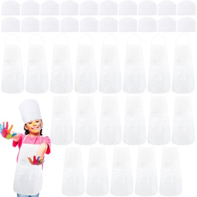 Swakuta 40 Pcs DIY Kids Apron and Chef Hat Set Including 20 Pcs Children White Apron 20 Pcs Adjustable Chef Hat Child White Aprons with Pocket for Boys Girls Cooking Baking Painting Wear