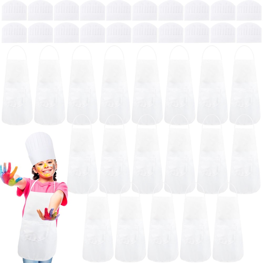 Swakuta 40 Pcs DIY Kids Apron and Chef Hat Set Including 20 Pcs Children White Apron 20 Pcs Adjustable Chef Hat Child White Aprons with Pocket for Boys Girls Cooking Baking Painting Wear