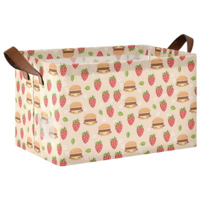 ALAZA Strawberry Hamburger Flower Floral Rectangular Closet Storage Box Storage Bin Basket Storage Cube with Leather Handles Nursery Storage Laundry Hamper 2 Piece