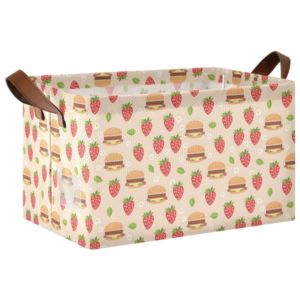 ALAZA Strawberry Hamburger Flower Floral Rectangular Closet Storage Box Storage Bin Basket Storage Cube with Leather Handles Nursery Storage Laundry Hamper 2 Piece