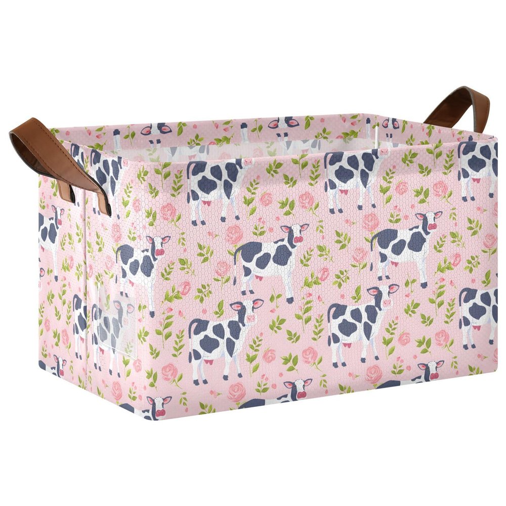 ALAZA Cow Rose Flower Floral Rectangular Closet Storage Box Storage Bin Basket Storage Cube with Leather Handles Nursery Storage Laundry Hamper 2 Piece