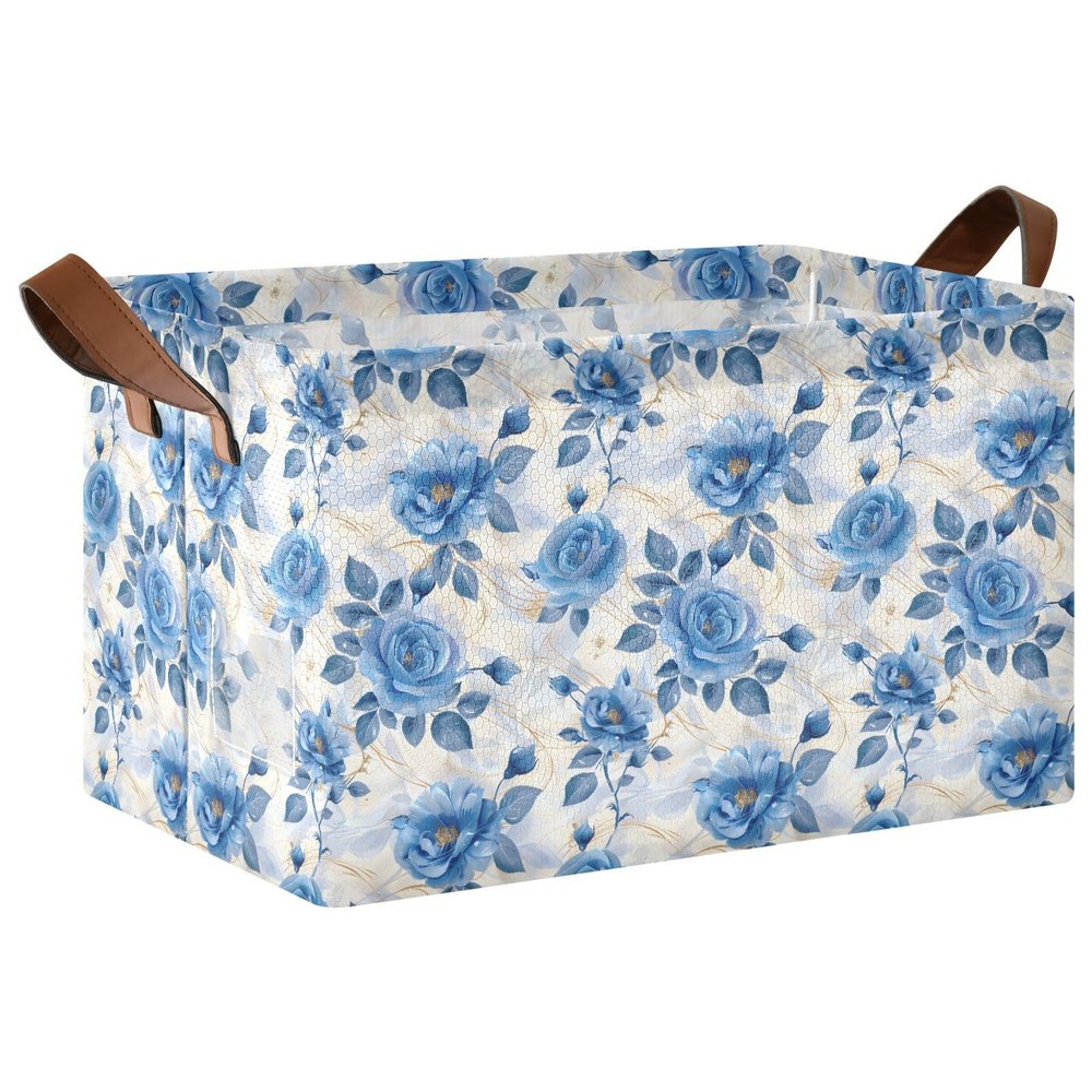 ALAZA Blue White Rose Flower Rectangular Closet Storage Box Storage Bin Basket Storage Cube with Leather Handles Nursery Storage Laundry Hamper 2 Piece