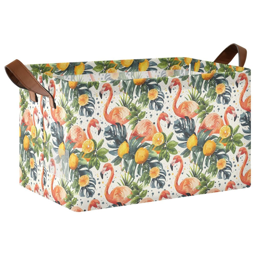 ALAZA Flamingo Lemon Palm Leaves Rectangular Closet Storage Box Storage Bin Basket Storage Cube with Leather Handles Nursery Storage Laundry Hamper 2 Piece