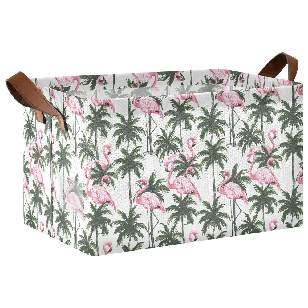 ALAZA Flamingo Palm Leaves Summer Rectangular Closet Storage Box Storage Bin Basket Storage Cube with Leather Handles Nursery Storage Laundry Hamper 2 Piece