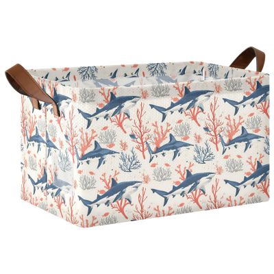 ALAZA Shark Coral Reef Vintage Rectangular Closet Storage Box Storage Bin Basket Storage Cube with Leather Handles Nursery Storage Laundry Hamper 2 Piece
