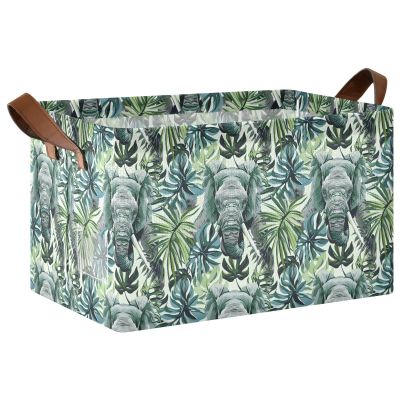 ALAZA Elephant Palm Leaves Watercolor Rectangular Closet Storage Box Storage Bin Basket Storage Cube with Leather Handles Nursery Storage Laundry Hamper 2 Piece
