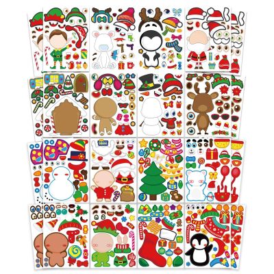 32 Sheets Christmas Stickers, Make-a-face Sticker, Make Your Own Christma Stickers with Santa Snowman Elk for Kids Party Favor Supplies Holiday Game Rewards