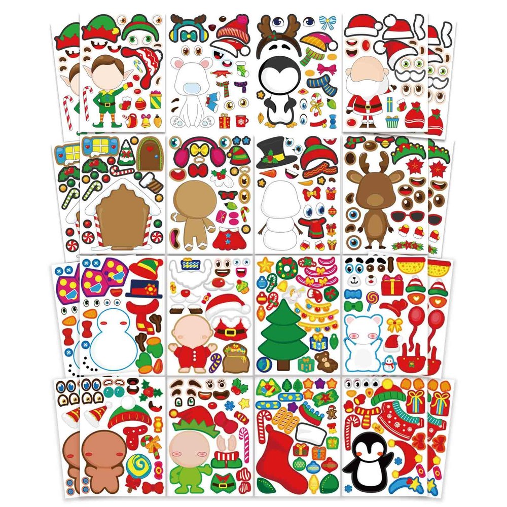 32 Sheets Christmas Stickers, Make-a-face Sticker, Make Your Own Christma Stickers with Santa Snowman Elk for Kids Party Favor Supplies Holiday Game Rewards