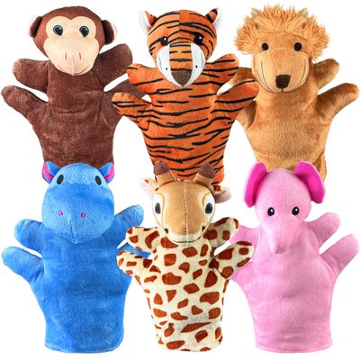 6 PCS Hand Puppets Set Animal Plush Puppet Elephant Tiger Giraffe Monkey Lion Hippo for Storytelling Playing Teaching Shows Playtime Schools Birthday Party Favor Supplies