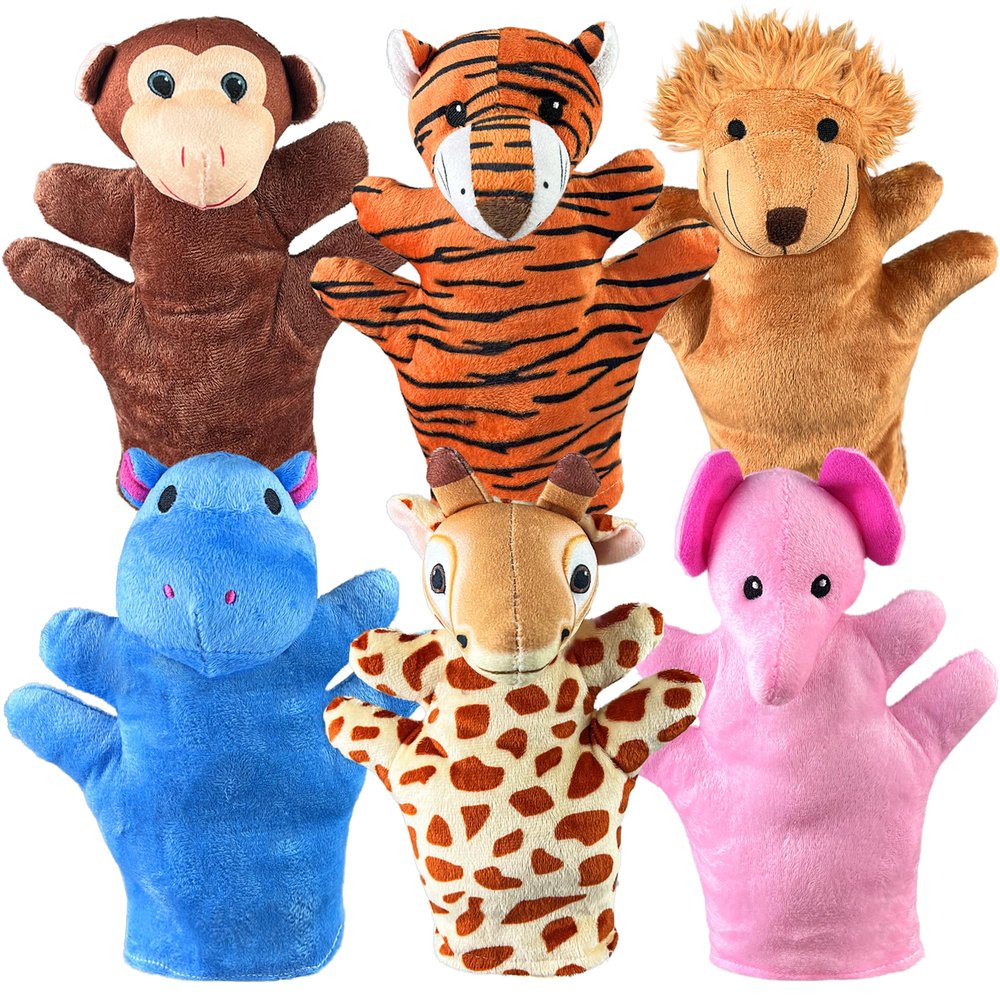 6 PCS Hand Puppets Set Animal Plush Puppet Elephant Tiger Giraffe Monkey Lion Hippo for Storytelling Playing Teaching Shows Playtime Schools Birthday Party Favor Supplies