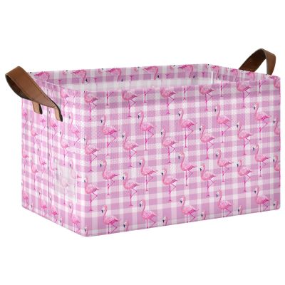 ALAZA Flamingo on Plaid Rectangular Closet Storage Box Storage Bin Basket Storage Cube with Leather Handles Nursery Storage Laundry Hamper 2 Piece