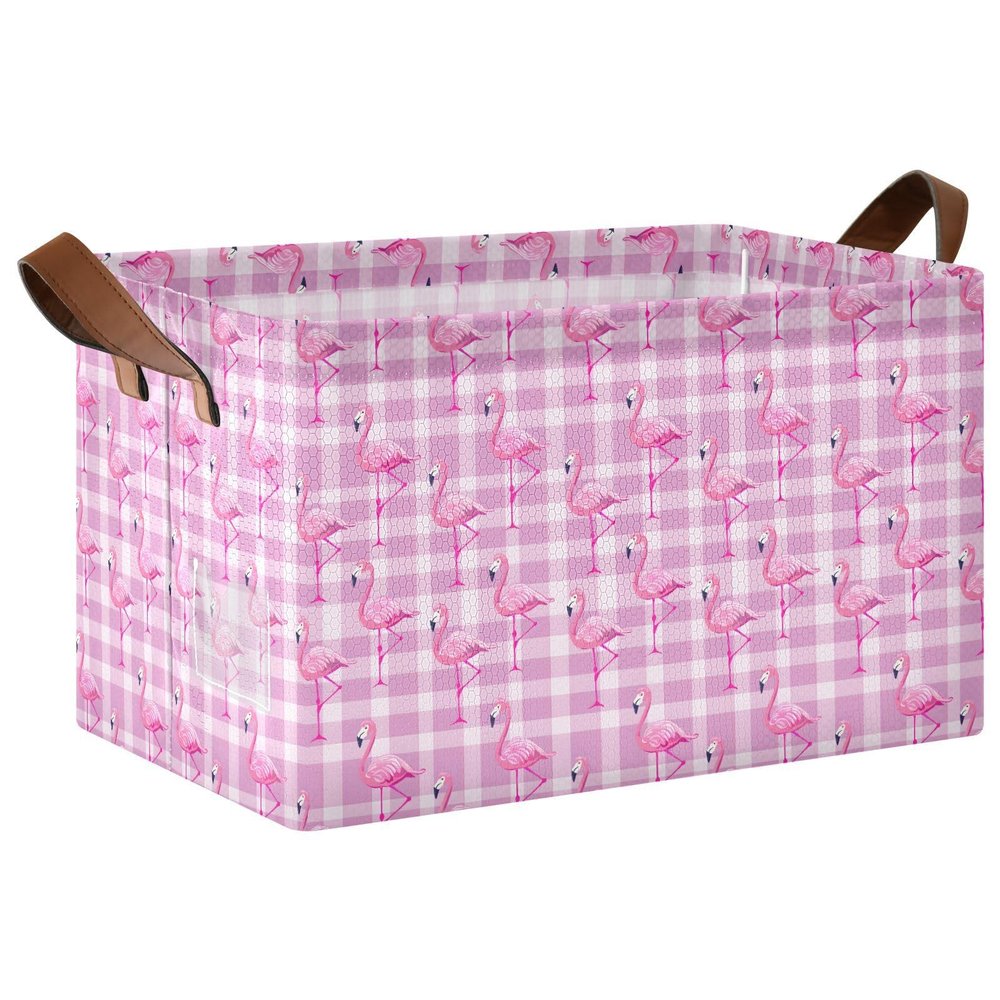 ALAZA Flamingo on Plaid Rectangular Closet Storage Box Storage Bin Basket Storage Cube with Leather Handles Nursery Storage Laundry Hamper 2 Piece