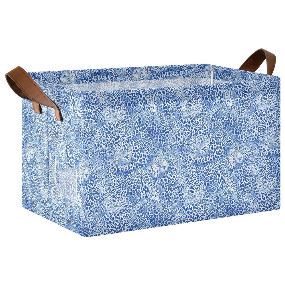 ALAZA Blue Leopard Print Animal Rectangular Closet Storage Box Storage Bin Basket Storage Cube with Leather Handles Nursery Storage Laundry Hamper 2 Piece