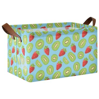 ALAZA Kiwis Strawberry Blue Rectangular Closet Storage Box Storage Bin Basket Storage Cube with Leather Handles Nursery Storage Laundry Hamper 2 Piece