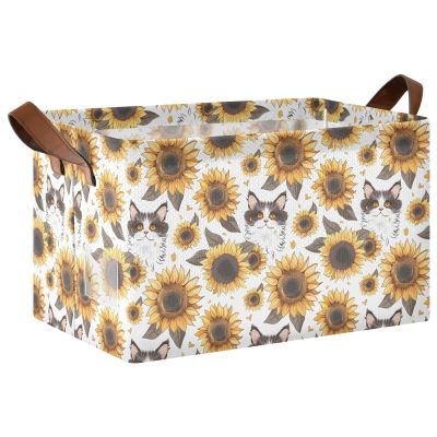 ALAZA Cat Sunflower Kitten Rectangular Closet Storage Box Storage Bin Basket Storage Cube with Leather Handles Nursery Storage Laundry Hamper 2 Piece