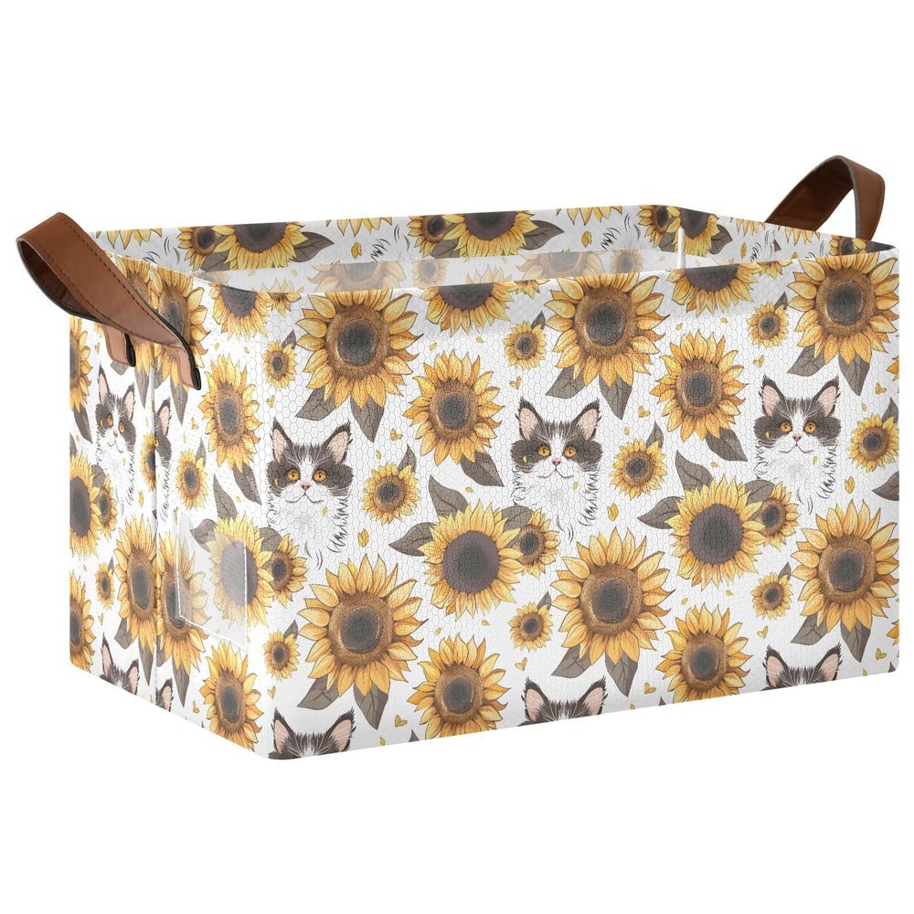 ALAZA Cat Sunflower Kitten Rectangular Closet Storage Box Storage Bin Basket Storage Cube with Leather Handles Nursery Storage Laundry Hamper 2 Piece