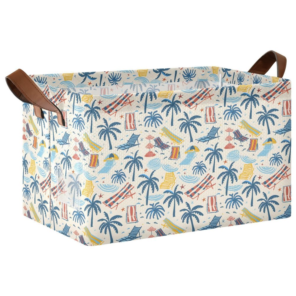 ALAZA Beach Palm Tree Fish Rectangular Closet Storage Box Storage Bin Basket Storage Cube with Leather Handles Nursery Storage Laundry Hamper 2 Piece