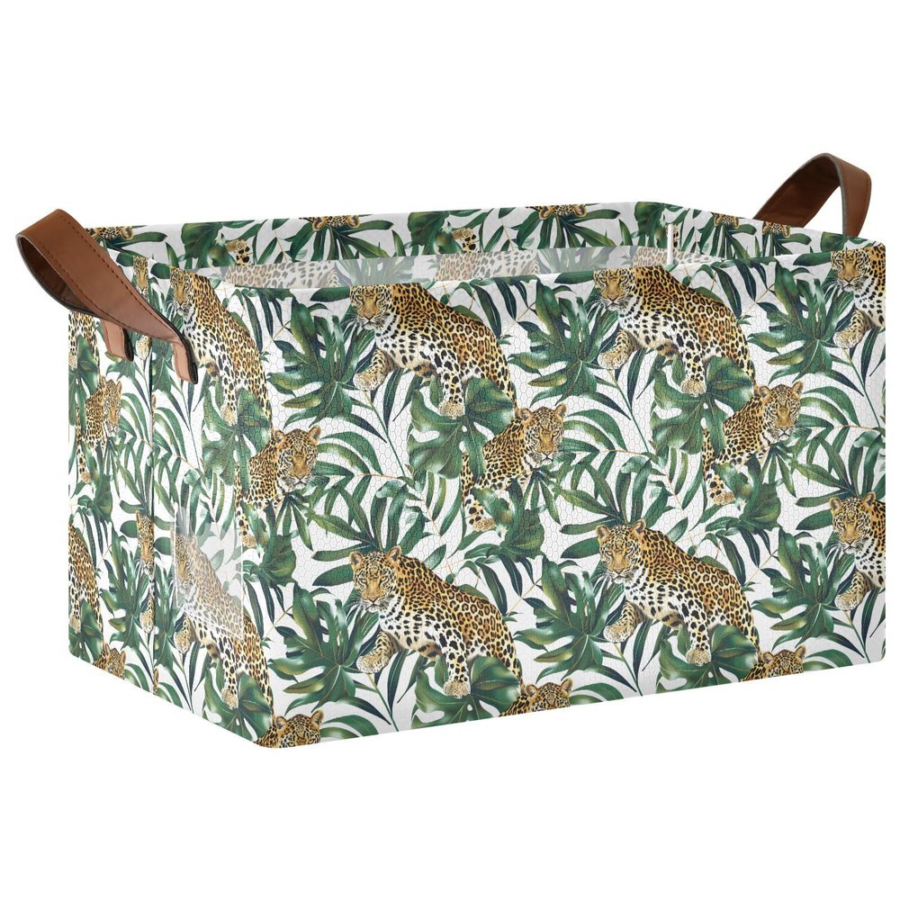 ALAZA Leopards Green Leaves Rectangular Closet Storage Box Storage Bin Basket Storage Cube with Leather Handles Nursery Storage Laundry Hamper 2 Piece