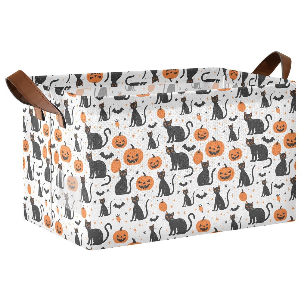 ALAZA Cat Star Pumpkin Halloween Rectangular Closet Storage Box Storage Bin Basket Storage Cube with Leather Handles Nursery Storage Laundry Hamper 2 Piece