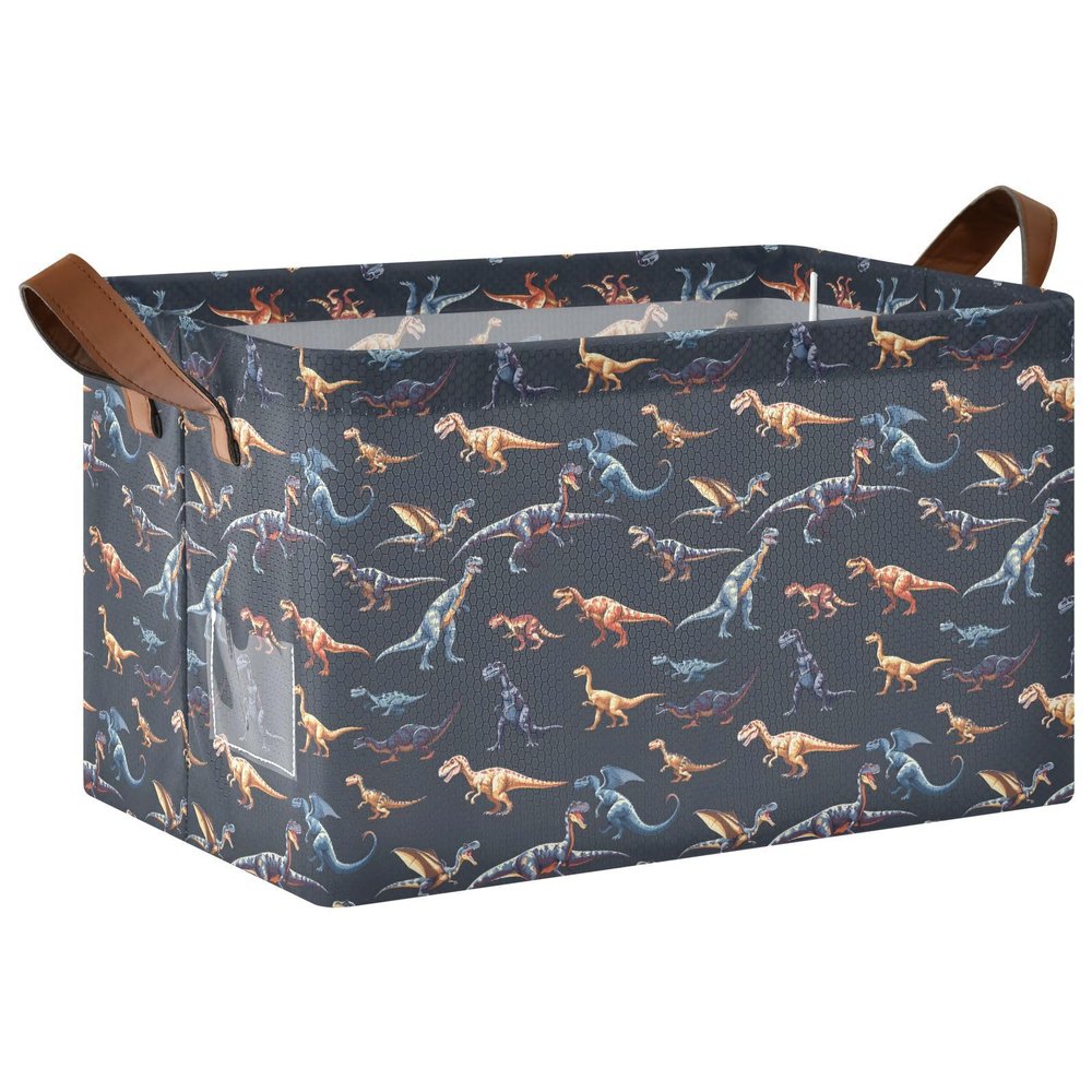 ALAZA Animal Dinosaurs Dark Rectangular Closet Storage Box Storage Bin Basket Storage Cube with Leather Handles Nursery Storage Laundry Hamper 2 Piece