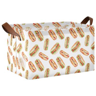 ALAZA Hotdog Watercolor Rectangular Closet Storage Box Storage Bin Basket Storage Cube with Leather Handles Nursery Storage Laundry Hamper 2 Piece