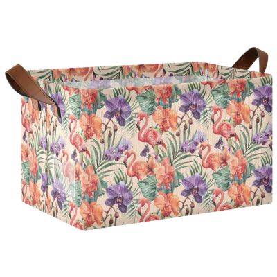 ALAZA Blossom Floral Flamingo Rectangular Closet Storage Box Storage Bin Basket Storage Cube with Leather Handles Nursery Storage Laundry Hamper 2 Piece