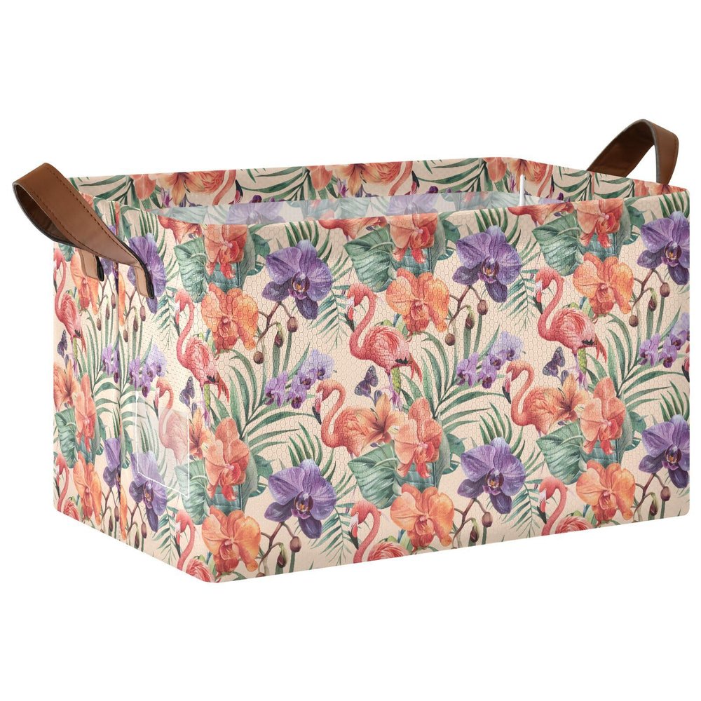 ALAZA Blossom Floral Flamingo Rectangular Closet Storage Box Storage Bin Basket Storage Cube with Leather Handles Nursery Storage Laundry Hamper 2 Piece