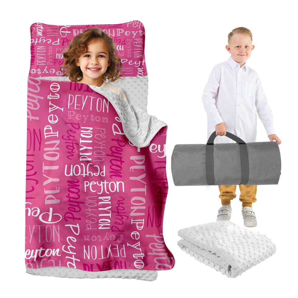 Custom Toddler Nap Mat for Preschool, Personalized Monogram Name Sleep Mats for Kids Daycare, Roll Up Sleeping Bag with Removable Pillow & Dotted Back Blanket for 2-15 Years Boys Girls Color06