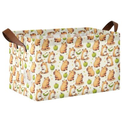 ALAZA Capybara Heart Green Rectangular Closet Storage Box Storage Bin Basket Storage Cube with Leather Handles Nursery Storage Laundry Hamper 2 Piece