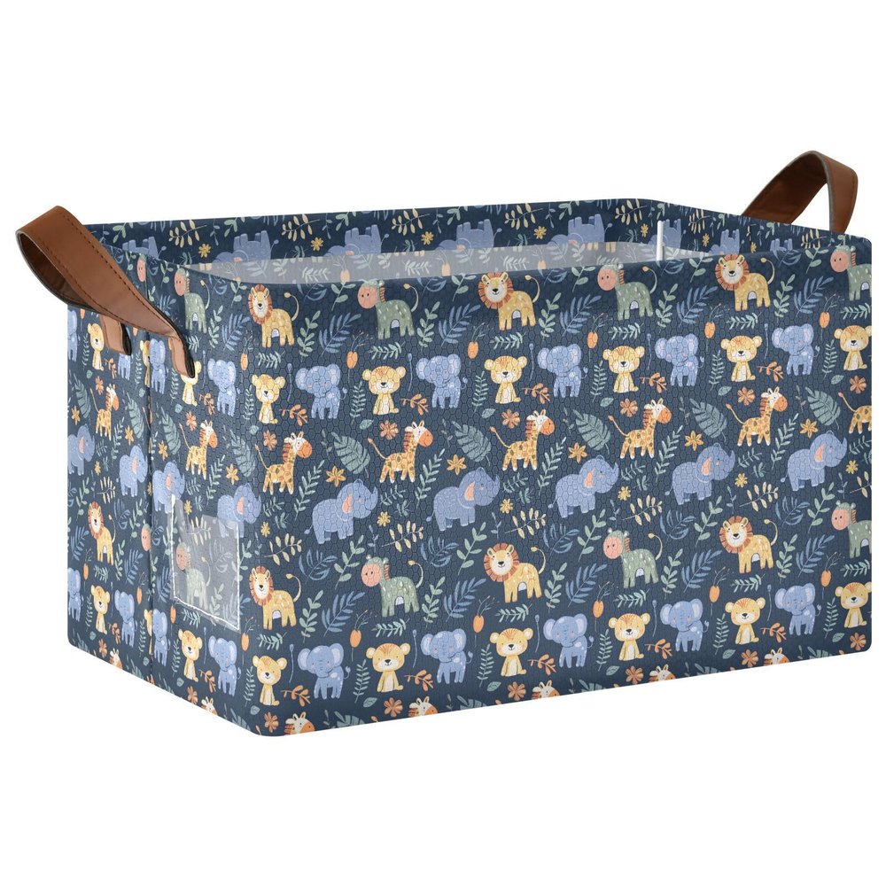 ALAZA Blue Elephant Horse Lion Bear Rectangular Closet Storage Box Storage Bin Basket Storage Cube with Leather Handles Nursery Storage Laundry Hamper 2 Piece