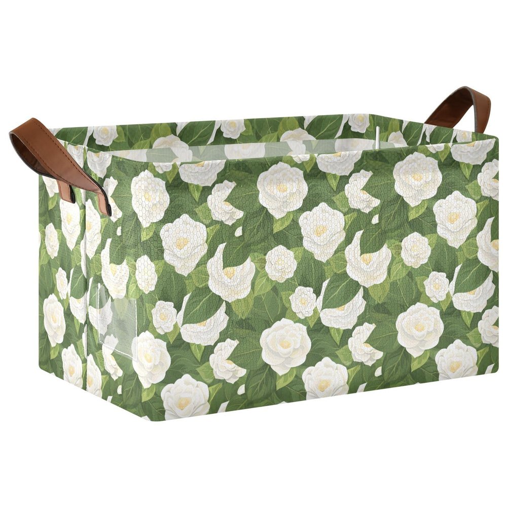ALAZA Camellia Flower Green Rectangular Closet Storage Box Storage Bin Basket Storage Cube with Leather Handles Nursery Storage Laundry Hamper 2 Piece